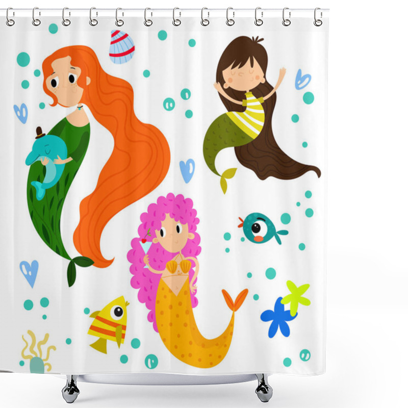 Personality  Vector Set With Cute Mermaids And Other Under The Sea Elements.  Shower Curtains