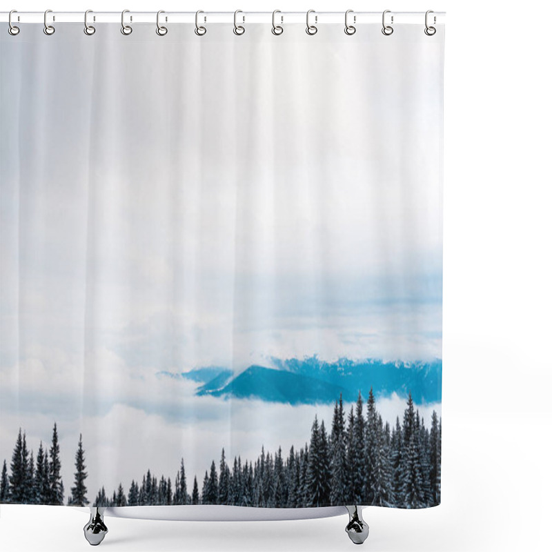 Personality  Scenic View Of Snowy Mountains With Pine Trees And White Fluffy Clouds Shower Curtains