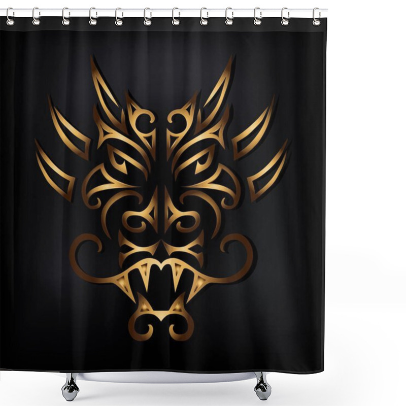 Personality  Golden Dragon Head Isolated On Black Background. Stylized Maori Face Tattoo. Golden Dragon Mask. Symbol Of Chinese Horoscope By Years. Vector Illustration. Shower Curtains