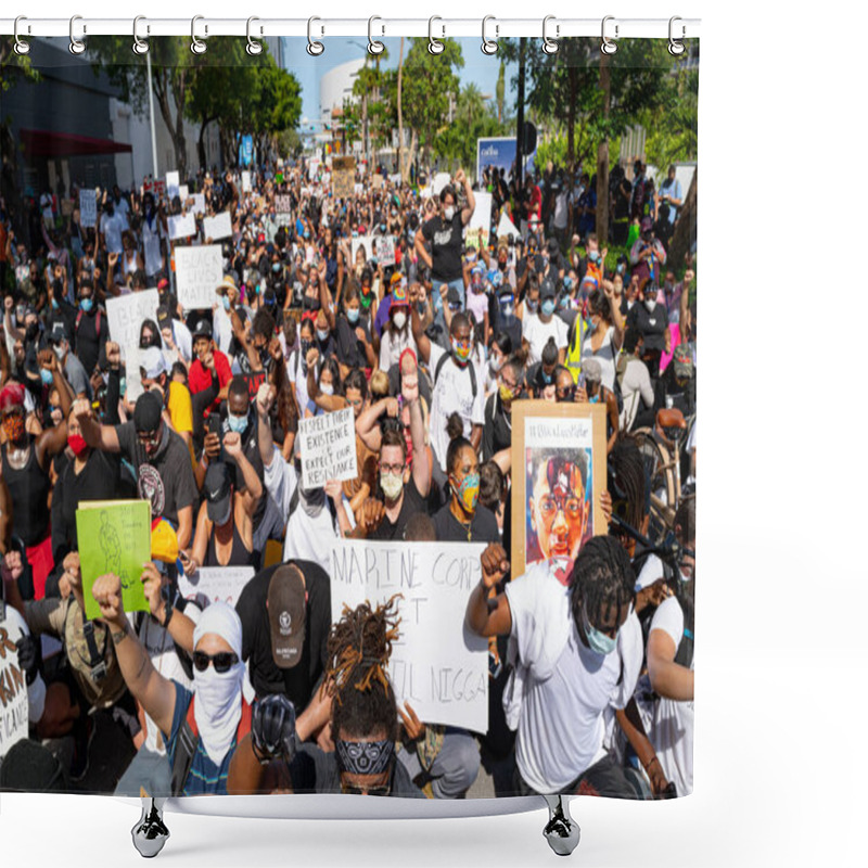 Personality  Miami Downtown, FL, USA - MAY 31, 2020: George Floyd Protests Spread Across America. Crowds Of White And Black People At A Demonstration For Human Rights. Black Lives Matter. Shower Curtains