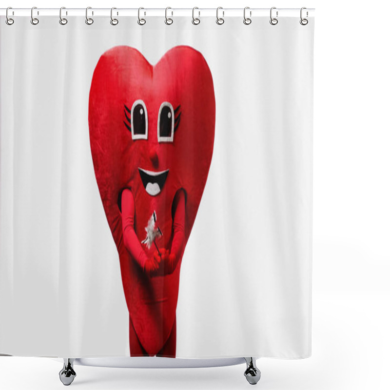 Personality  Person In Happy Heart Costume Holding Stick With Feathers Isolated On White Shower Curtains