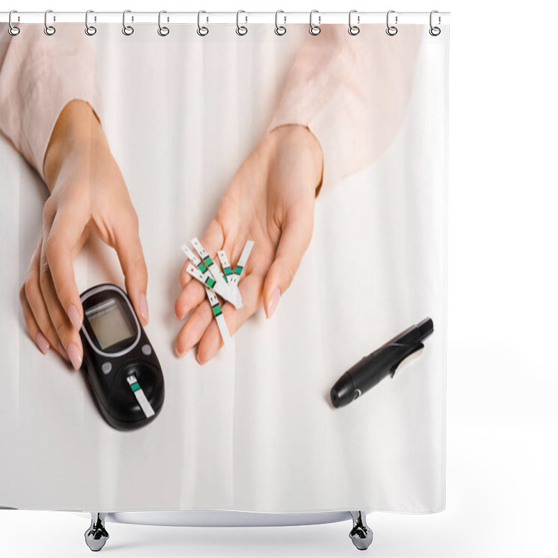 Personality  Cropped Image Of Woman Holding Glucometer And Strips Isolated On White, Diabetes Concept Shower Curtains