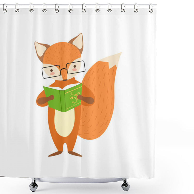 Personality  Fox Smiling Bookworm Zoo Character Wearing Glasses And Reading A Book Cartoon Illustration Part Of Animals In Library Collection Shower Curtains