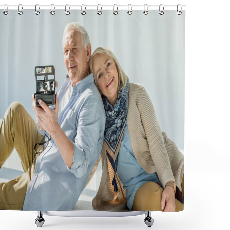 Personality  Senior Couple With Retro Camera Shower Curtains