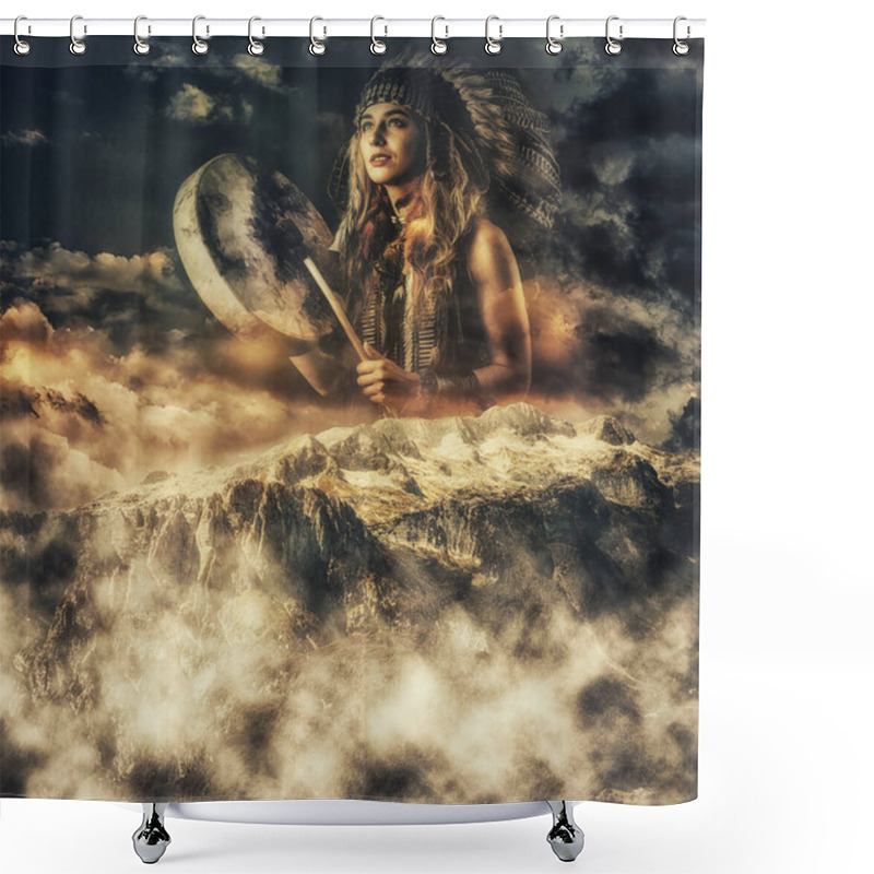 Personality  Beautiful Shamanic Girl Playing On Shaman Frame Drum In The Nature. Shower Curtains