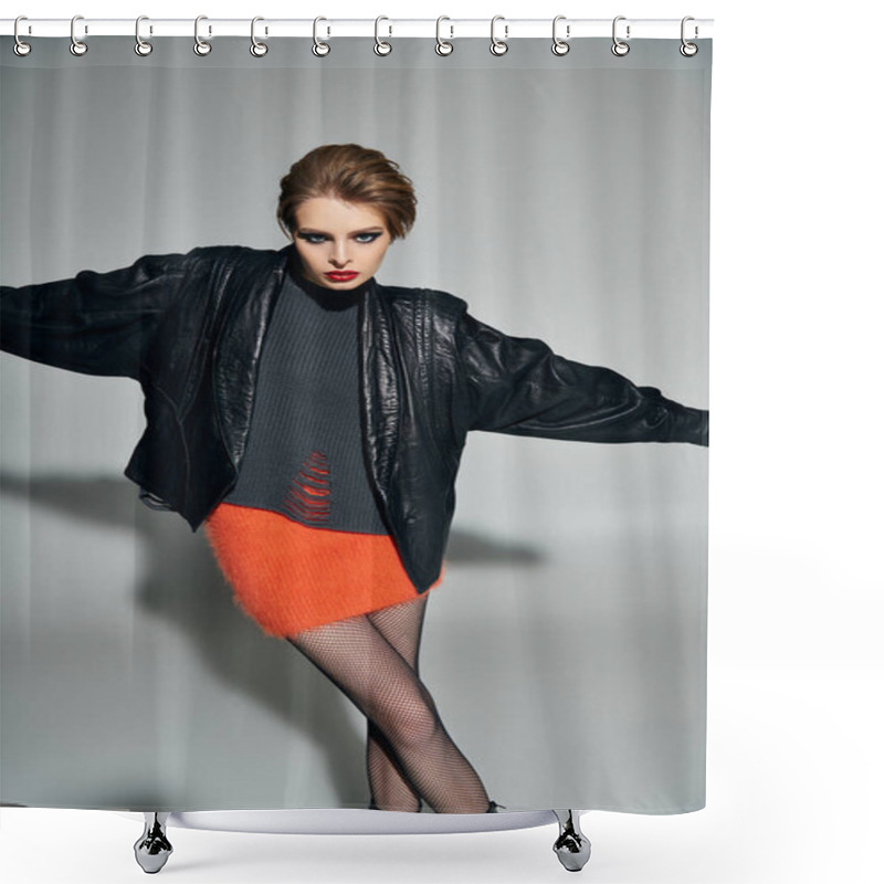 Personality  A Woman With A Short Haircut Poses In A Leather Jacket, A Fuzzy Orange Skirt, And Fishnet Stockings. Shower Curtains