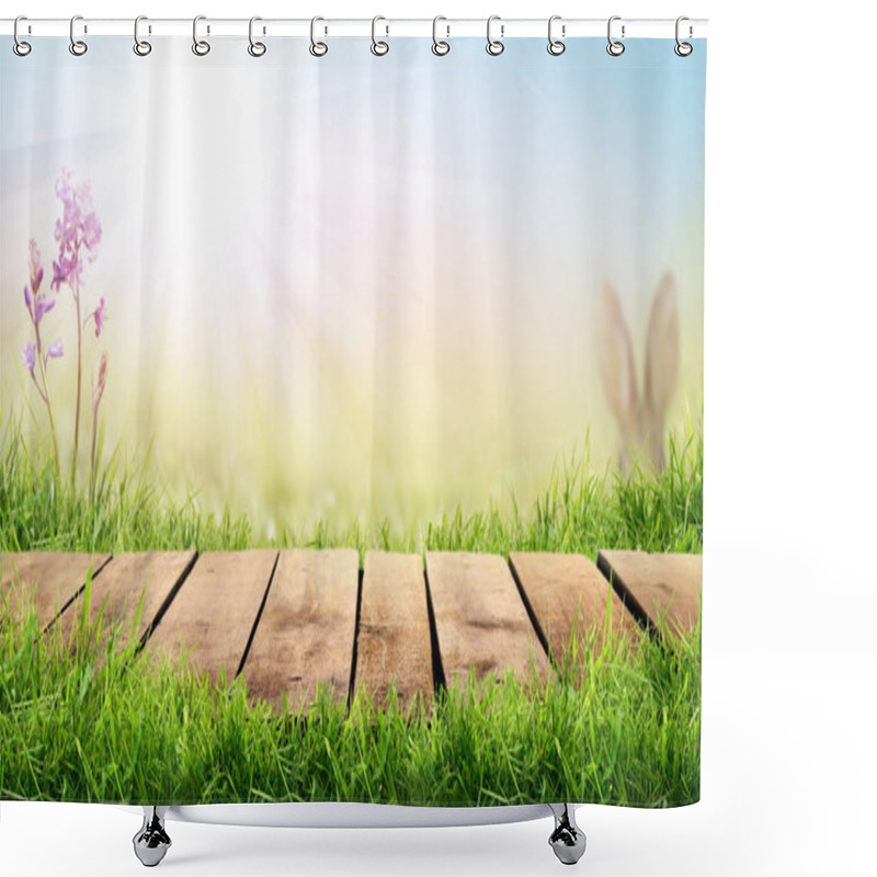 Personality  A Wooden Table With A Sunny Summers Green Pasture Background Shower Curtains