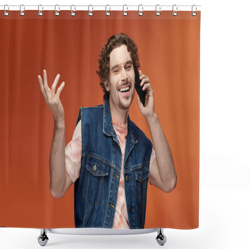 Personality  A Cheerful Man Joyfully Converses On His Phone Amidst A Vibrant Backdrop. Shower Curtains