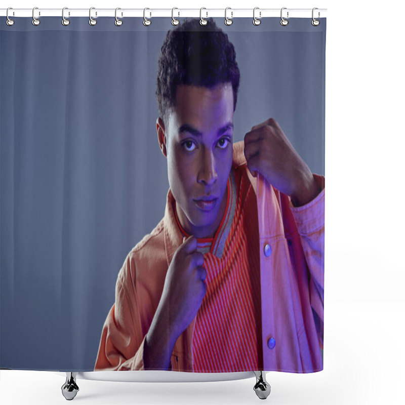 Personality  Portrait Of Handsome African American Guy In Peach Shirt Looking At Camera On Grey With Blue Light Shower Curtains