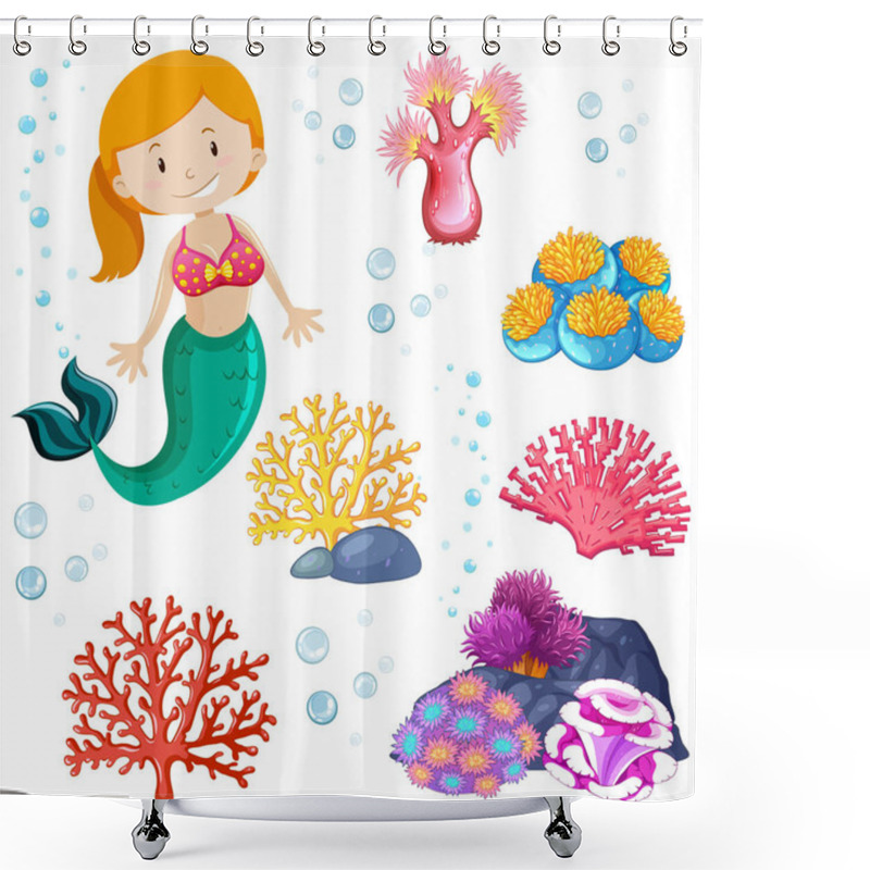 Personality  Set Of Cute Mermaid And Sea Theme Illustration Shower Curtains