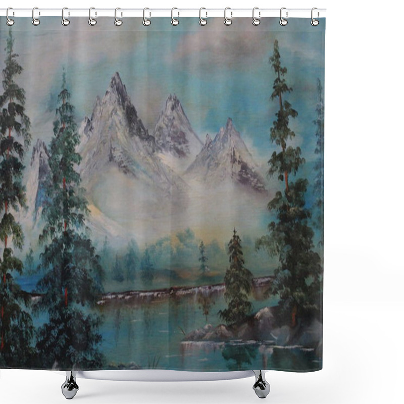 Personality  Painting Lake And Snowy Mountains Shower Curtains