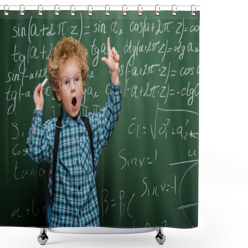 Personality  Curly Kid In Glasses Gesturing Near Chalkboard With Mathematical Formulas  Shower Curtains