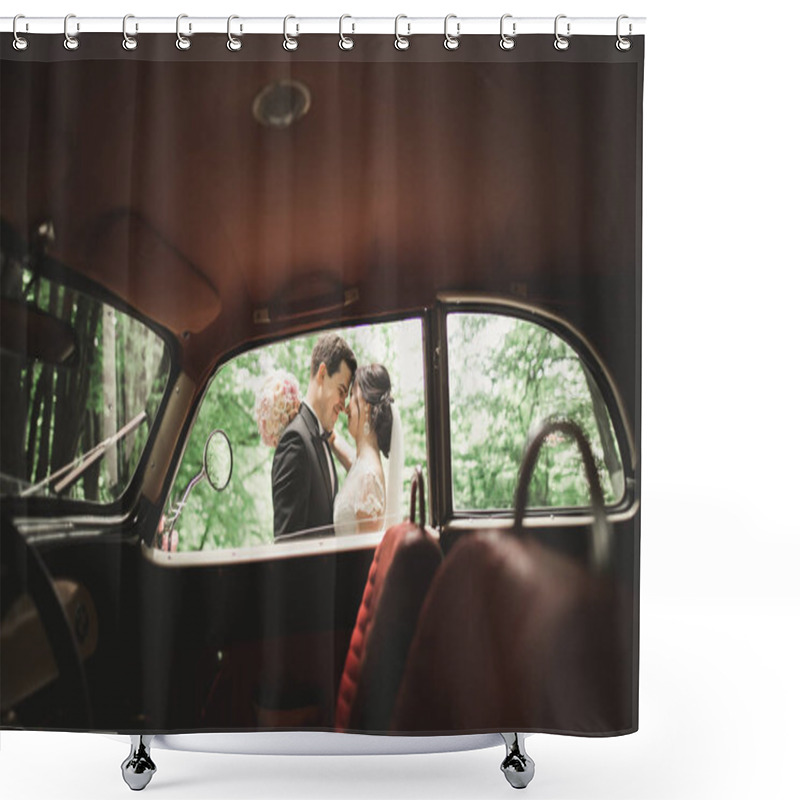 Personality  Beautiful Newlywed Couple Posing Near Retro Black Car Shower Curtains