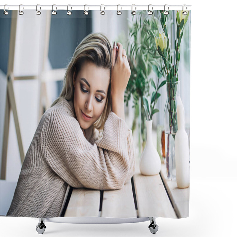 Personality  Beautiful White Stylish Woman In Cozy Scandinavian Interrior Sits At Home Near The Big Window, Portrait Of The Beautiful Girl, Fashion Portraits, Stylish Woman Shower Curtains