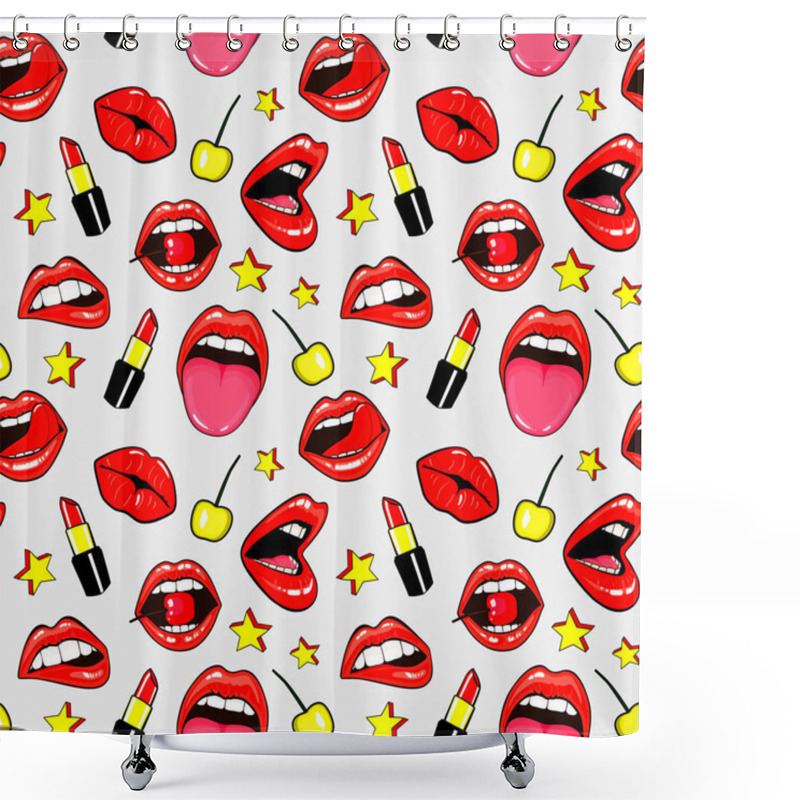 Personality  Seamless Pattern With Fashion Patch Badges With Lips, Kissing, Open Mouth, Hearts, Tongue, Stars. Vector Background With Stickers, Pins, Patches In Cartoon 80s-90s Comic Style. Sexy Red Lips Over Grey Shower Curtains