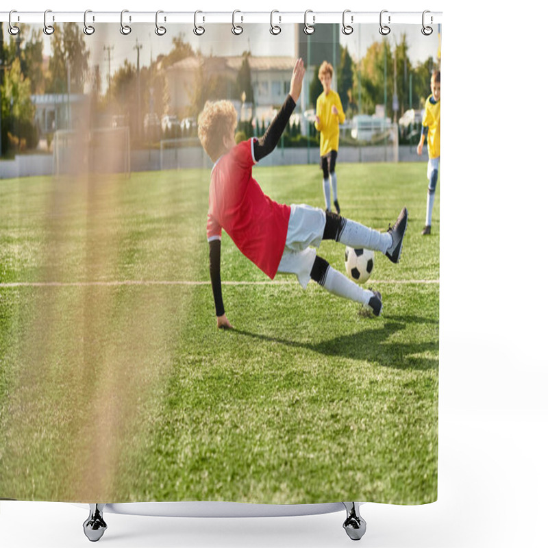 Personality  A Young Boy With A Determined Expression Kicking A Soccer Ball Across A Vast Green Field, Showcasing His Passion And Skill For The Sport. Shower Curtains