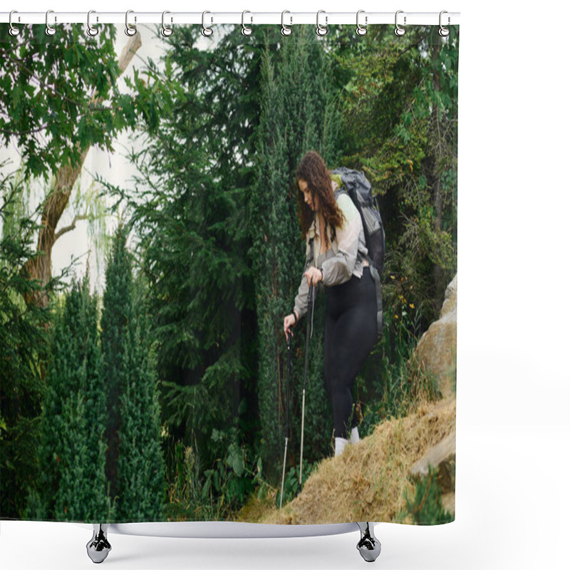 Personality  A Joyful Plus Size Woman Navigates A Vibrant Forest, Embracing The Tranquility Of Nature. Shower Curtains