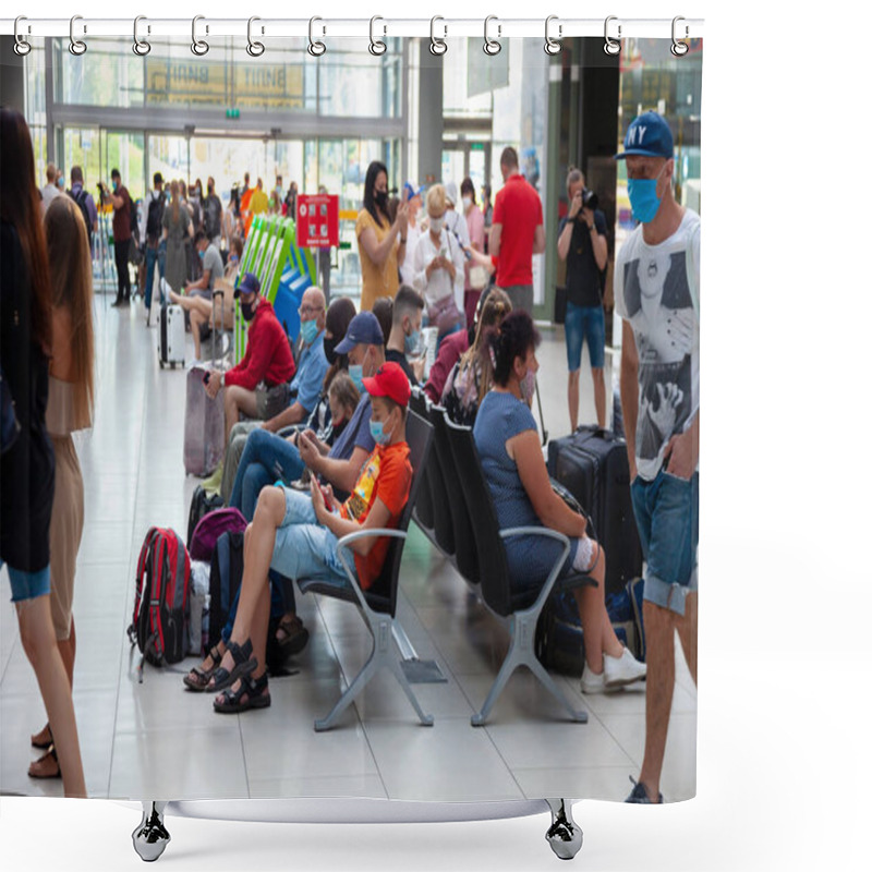 Personality  Kiev, Ukraine - June 26, 2020: Masked People At The Kiev Airport. Public Place During The Quarantine Period. Waiting For A Flight, Check-in Queue. Indoors Shower Curtains