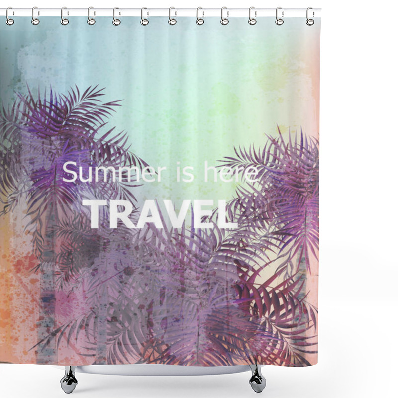 Personality  Vintage Summer Travel Card Vector. Palm Trees Tropic Backgrounds. Ultra Violet Trendy Colors Shower Curtains