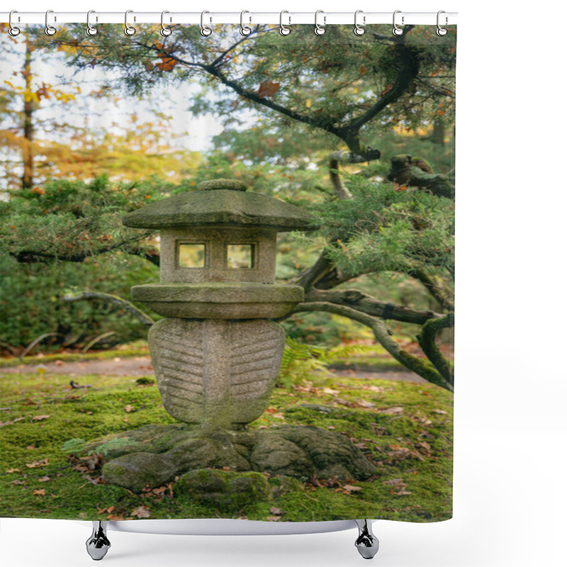 Personality  A Tranquil Japanese Stone Lantern Stands Amidst Lush Greenery And Moss, Creating A Calming Garden Atmosphere. Perfect For Themes Of Tranquility, Nature, And Traditional Japanese Aesthetics. Shower Curtains