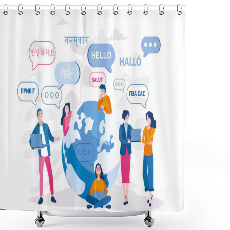 Personality  Young People Chatting In Foreign Languages. Vector Illustration For Web Banner, Infographics, Mobile. Male And Female Cartoon Characters Speaking Different Languages. Shower Curtains