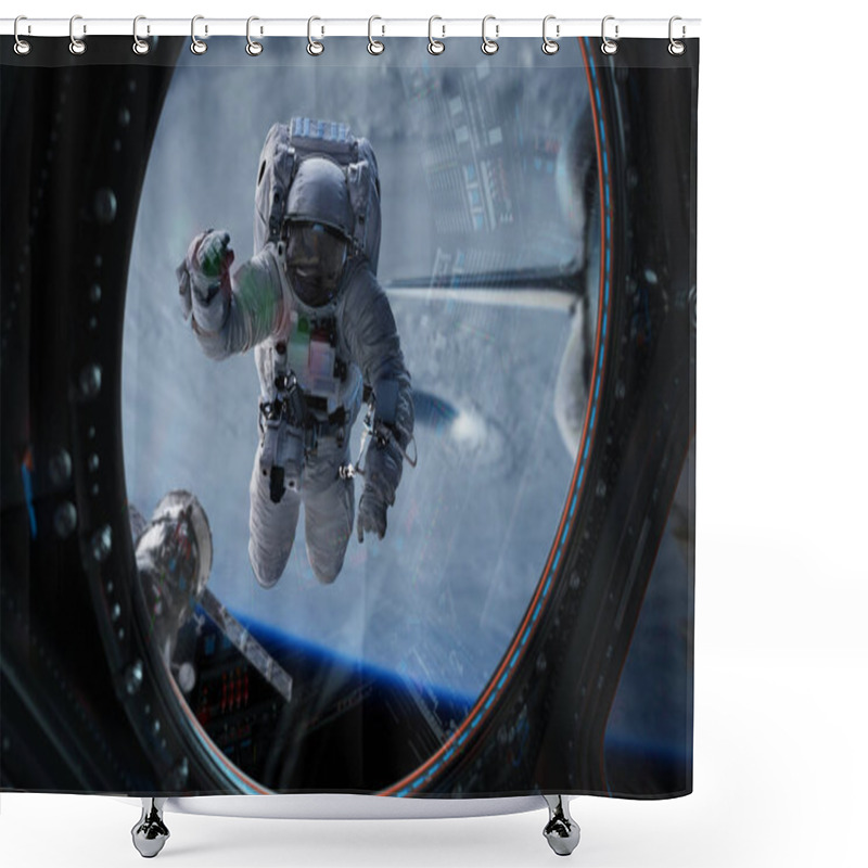 Personality  Astronaut Working On A Space Station 3D Rendering Elements Of Th Shower Curtains