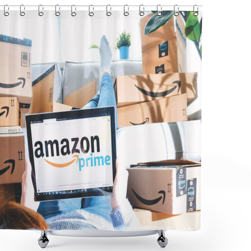 Personality  Germany, Rostock - Juni 13, 2021: Stack Of Amazon Prime Packages. Woman Shopping Online At Amazon Prime Day. Distance, Home And Online Shopping Shower Curtains