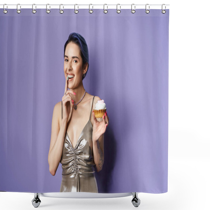 Personality  A Stylish Young Woman With Short Blue Hair Elegantly Holds A Cupcake In A Silver Party Dress In A Studio Setting. Shower Curtains