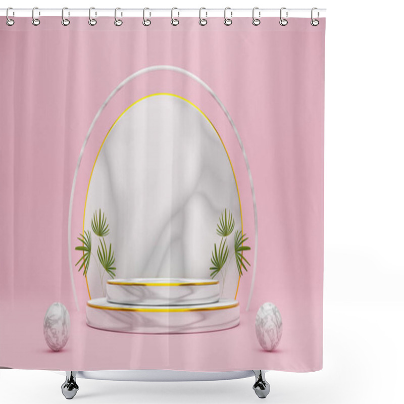 Personality  Podium Empty With Geometric Shapes In Pink Pastel Composition For Modern Stage Display And Minimalist Mockup ,abstract Showcase Background ,Concept 3d Illustration Or 3d Render Shower Curtains