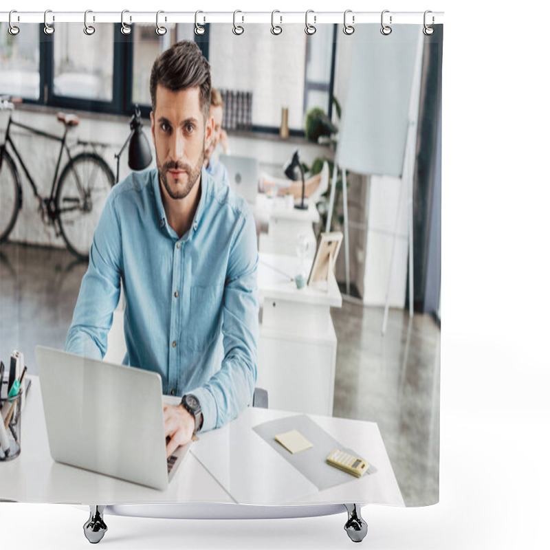 Personality  Handsome Young Businessman Using Laptop And Looking At Camera In Office  Shower Curtains