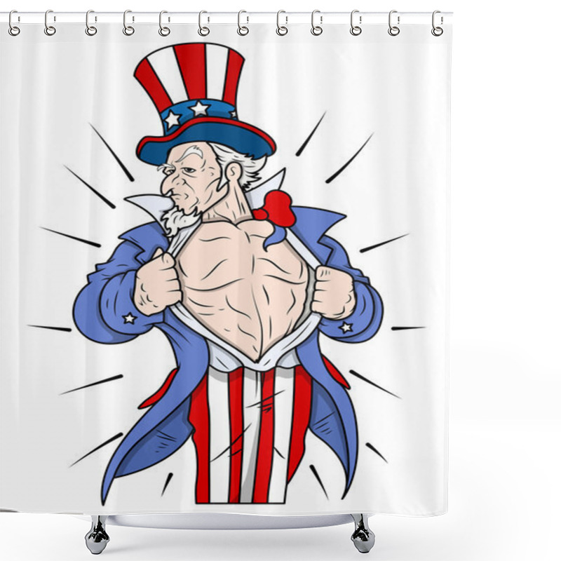 Personality  Superhero Uncle Sam Showing Chest - 4th Of July Vector Illustration Shower Curtains