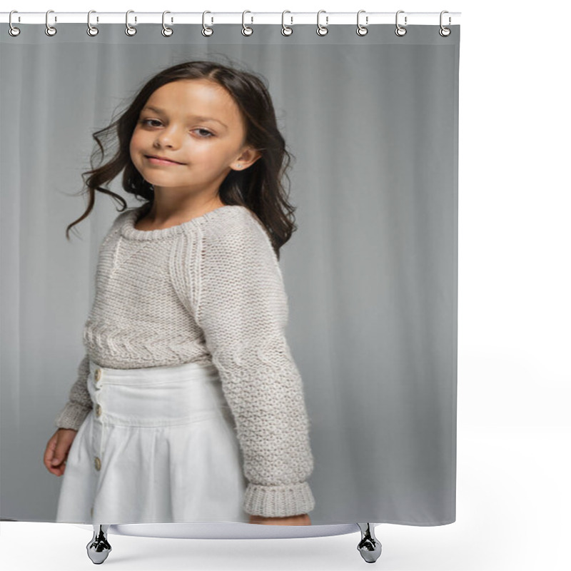 Personality  Smiling Girl In Warm Sweater And White Skirt Looking At Camera Isolated On Grey Shower Curtains