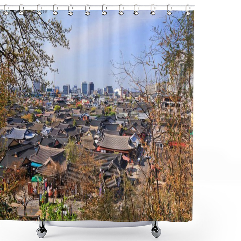 Personality  Jeonju Hanok Village Townscape In South Korea. Neighborhood Of Traditional Korean Wooden Architecture. Shower Curtains