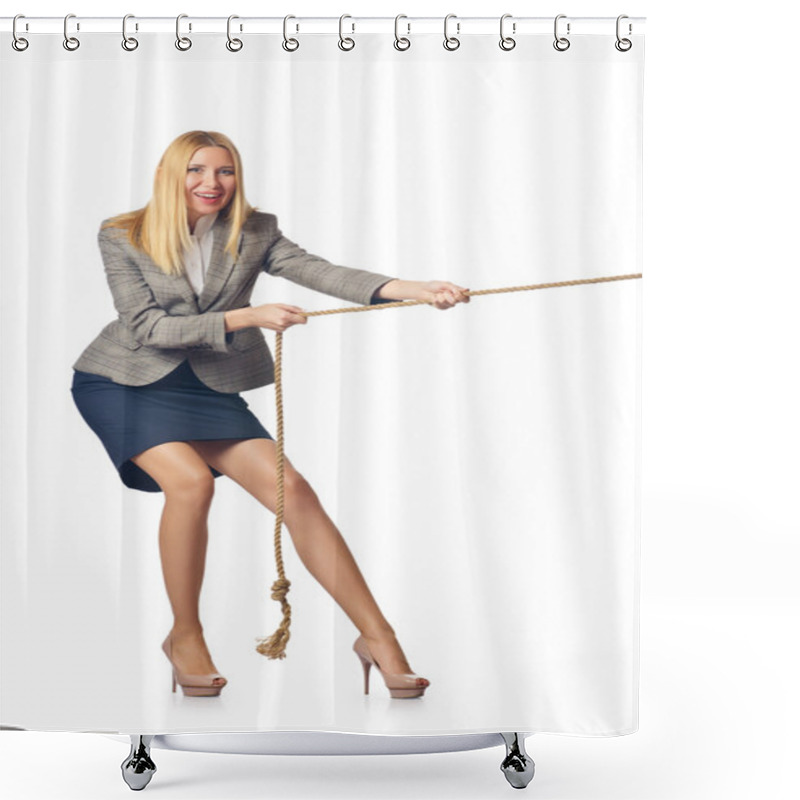 Personality  Businesswoman In Tug Of War Concept Shower Curtains