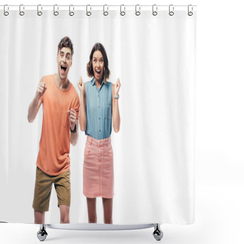 Personality  Excited Man And Woman Smiling At Camera And Showing Yes Gestures Isolated On White Shower Curtains