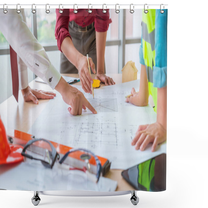 Personality  Construction Team With Business Man Engineer And Architect Is Poiting On Working Table With Building Plan Shower Curtains