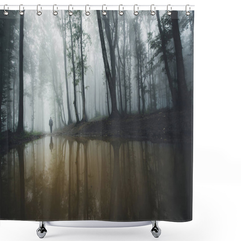 Personality  Man On Lake Edge In Dark Forest With Fog Shower Curtains