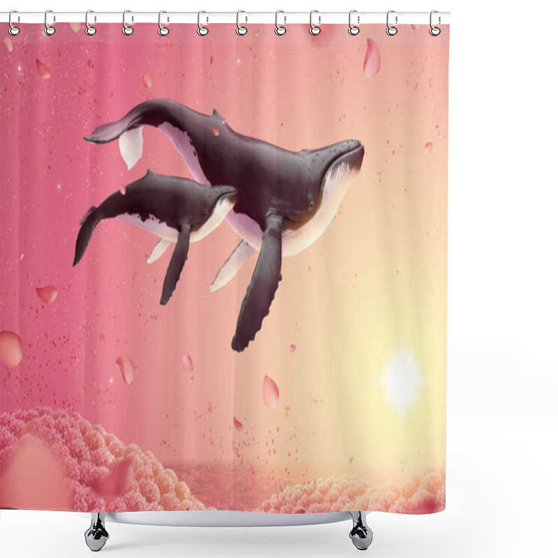 Personality  Surreal Scene Of Humpback Whales Swimming In Romantic Floral Fields, 3d Illustration Shower Curtains