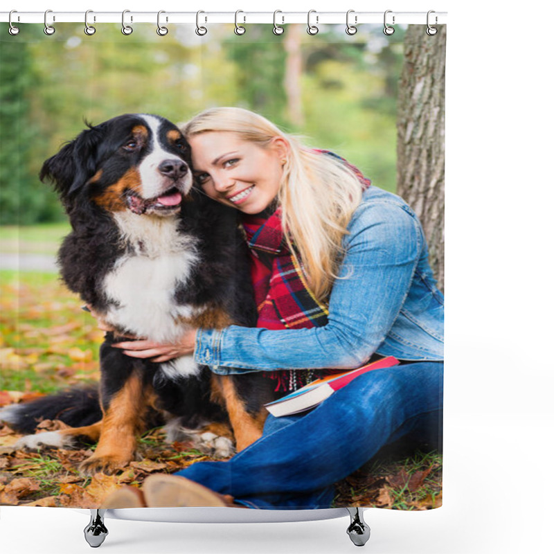 Personality  Woman Cuddling With Dog Outside In Park Shower Curtains