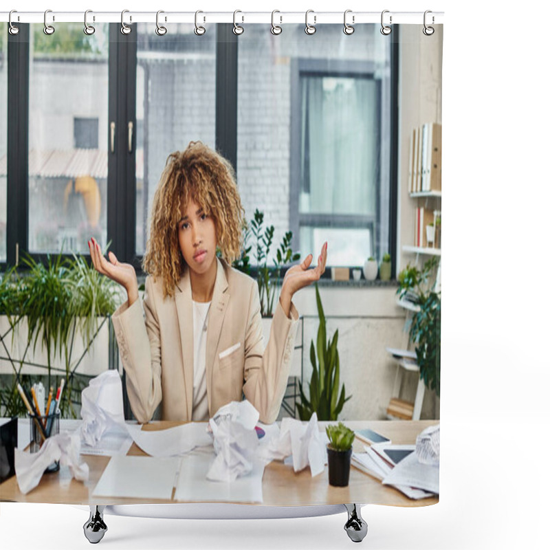 Personality  Confused Curly African American Businesswoman At Her Desk With Crumpled Papers, Stress At Work Shower Curtains