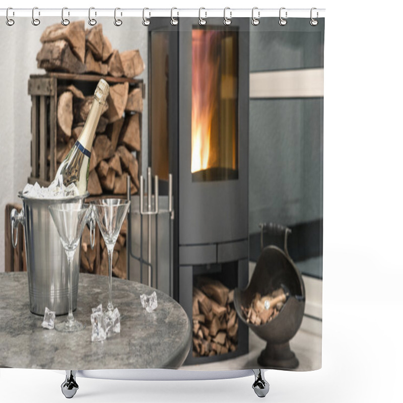 Personality  Festive Home Interior Wirh Champagne, Two Glasses And Fireplace Shower Curtains