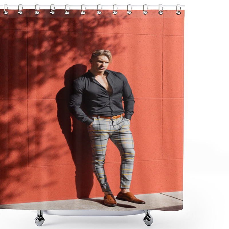 Personality  A Handsome Blonde Man In A Black Button-down Shirt And Plaid Pants Stands Confidently Against A Red Wall In Orlando, Florida. Shower Curtains