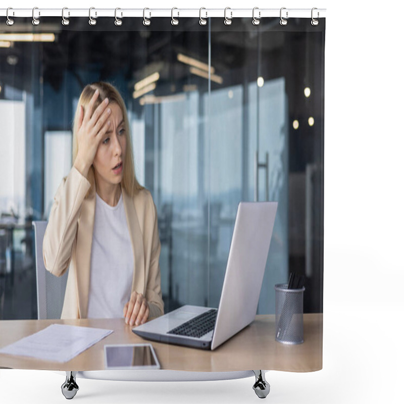 Personality  Frustrated Sad Upset Woman Working Inside Office, Business Woman Got Bad Achievement Result, Female Worker Unhappy Reading Data From Laptop Screen. Shower Curtains