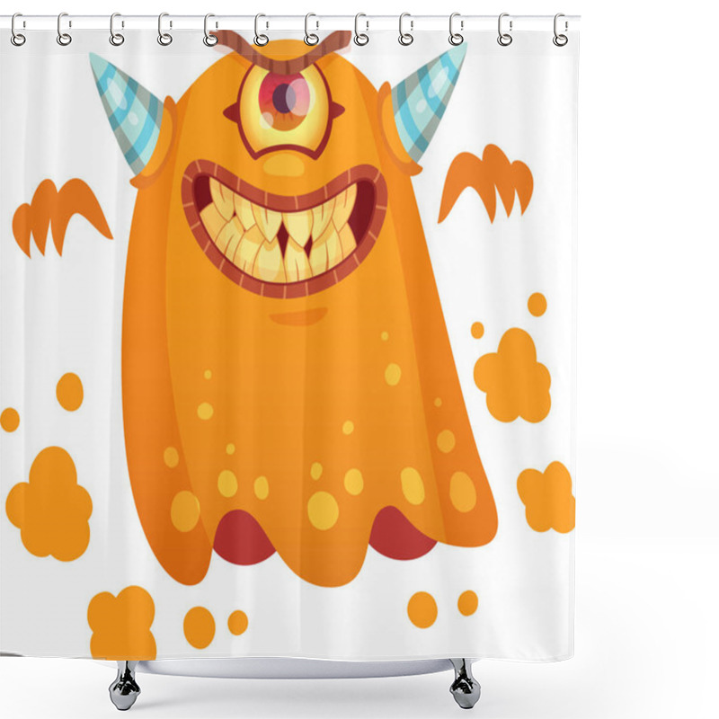 Personality  Cartoon Illustration Of An Orange One Eyed Flying Monster With Big Teeth, Horns And Angry Facial Expression, Attacking And Emanating Orange Particles Shower Curtains