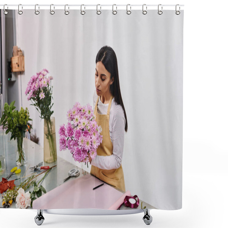 Personality  A Devoted Florist Carefully Arranges A Beautiful Bouquet Of Flowers, Showcasing Her Creativity. Shower Curtains