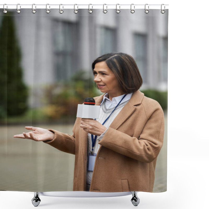 Personality  A Multiracial Female Journalist Holds A Microphone While Reporting News Outdoors, Showcasing Her Professionalism. Shower Curtains