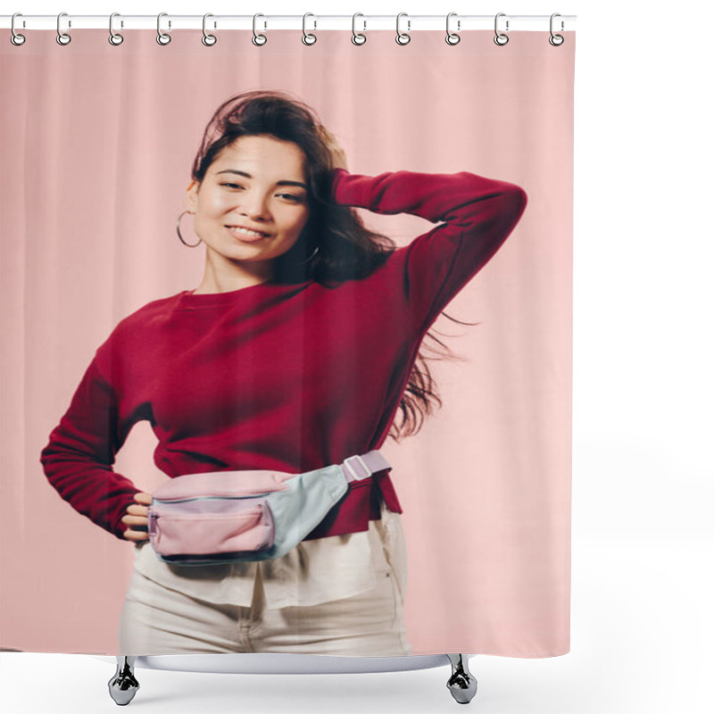 Personality  Attractive Asian Woman In Red Sweater Smiling Isolated On Pink  Shower Curtains