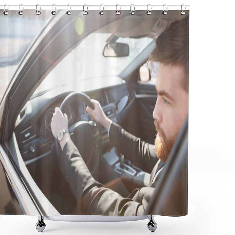 Personality  Cropped Image Of Bearded Man Driving Car Shower Curtains