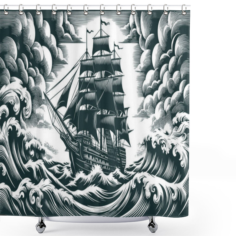 Personality  Detailed Engraved Illustration Of A Large Sailing Ship Navigating Through Rough Swirling Ocean Waves During A Stormy Weather Shower Curtains