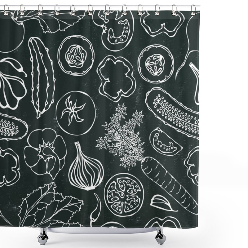 Personality  Vegetable Seamless Pattern With Cucumbers, Red Tomatoes, Bell Pepper, Beet, Carrot, Onion, Garlic Chilli. Fresh Green Salad. Hand Drawn Illustration. Doodle Style. Black Board Background And Chalk. Shower Curtains